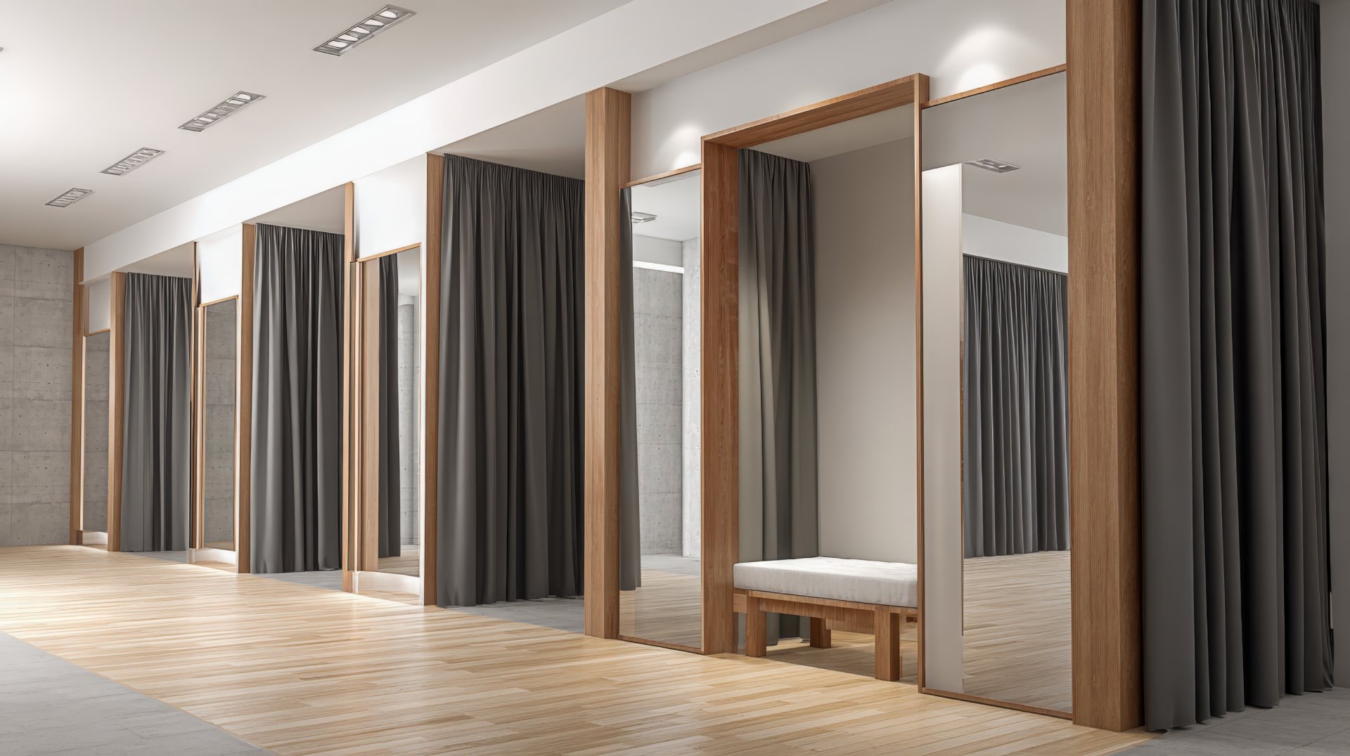 Modern Dressing Rooms with Mirrors and Gray Curtains in a Fashion Retail Store