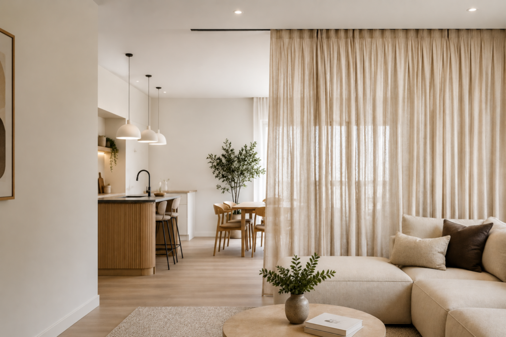 Australian Made Curtains For Elegant Open-Plan Living | Home & Airbnb Solutions | Custom Curtains | Zoning A Home | Room Divider | MAC Window Fashions | MAC Design Group