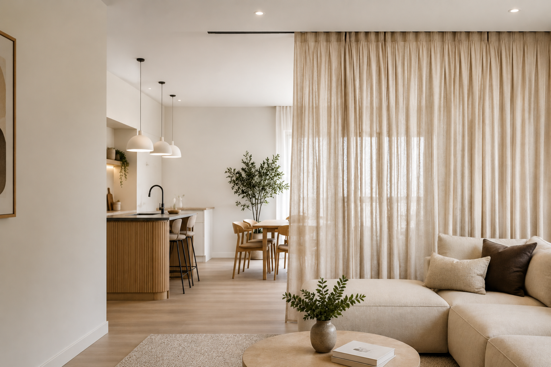 Australian Made Curtains For Elegant Open-Plan Living | Home & Airbnb Solutions | Custom Curtains | Zoning A Home | Room Divider | MAC Window Fashions | MAC Design Group